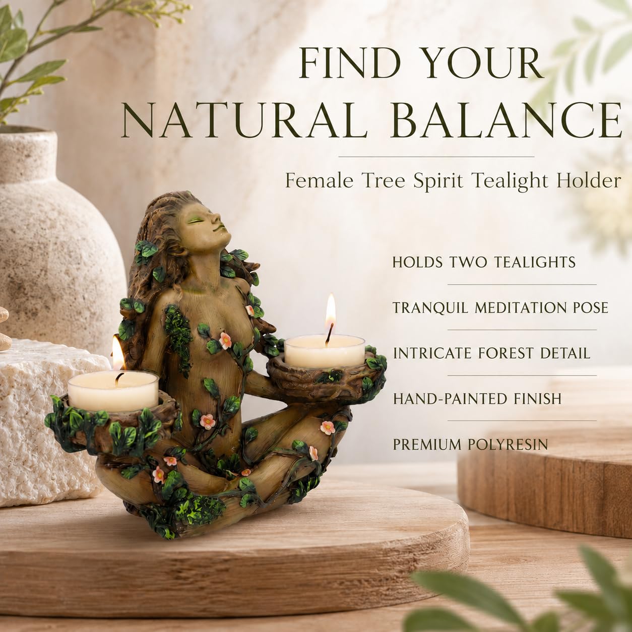 Balance Tealight Holder＋Winterland Tree Balance of Nature Tree Spirit Double Tealight Holder 19cm, Brown